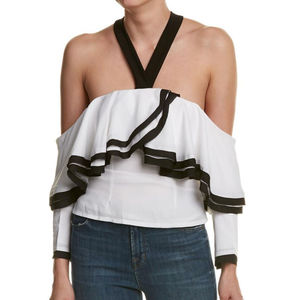 Haute Rogue Black White Top NY Size Large Off shoulder Blouse $130 Ruffled